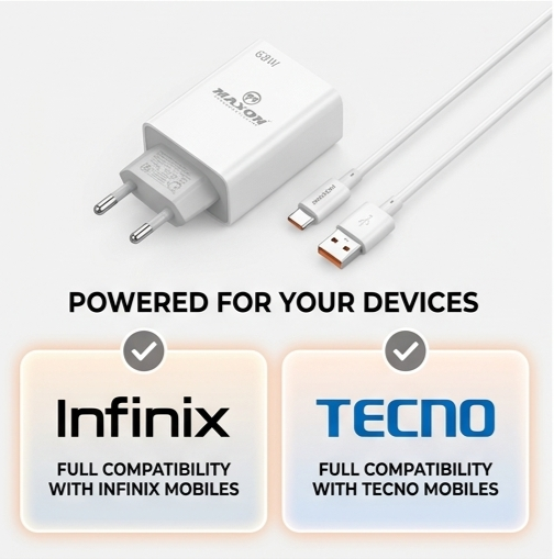 T-600 68W All-Round Fast Charger (Type-C Cable Included | Infinix & Tecno Optimized)
